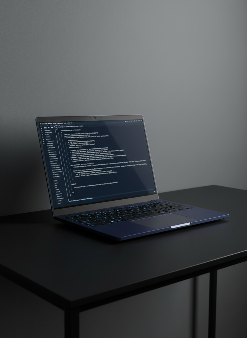 A sleek, deep-blue laptop with an illuminated keyboard displaying glowing code in a crisp Cascadia Mono typeface on the screen, the device crafted from brushed aluminum with fine, textural details. It sits atop a minimalist matte-black desk with sharp edges and no clutter, set against a stark, smooth grey backdrop to amplify focus. Dramatic, directional lighting from one side casts crisp, angular shadows from the laptop, emphasizing its bold contours. The atmosphere is assertive and tech-forward, with an energetic, cutting-edge mood. Photographed from a low, slightly angled perspective for impact, with centered composition and sharp-focus clarity, capturing a modern, high-impact, minimalist aesthetic that instantly speaks to sophisticated software expertise.